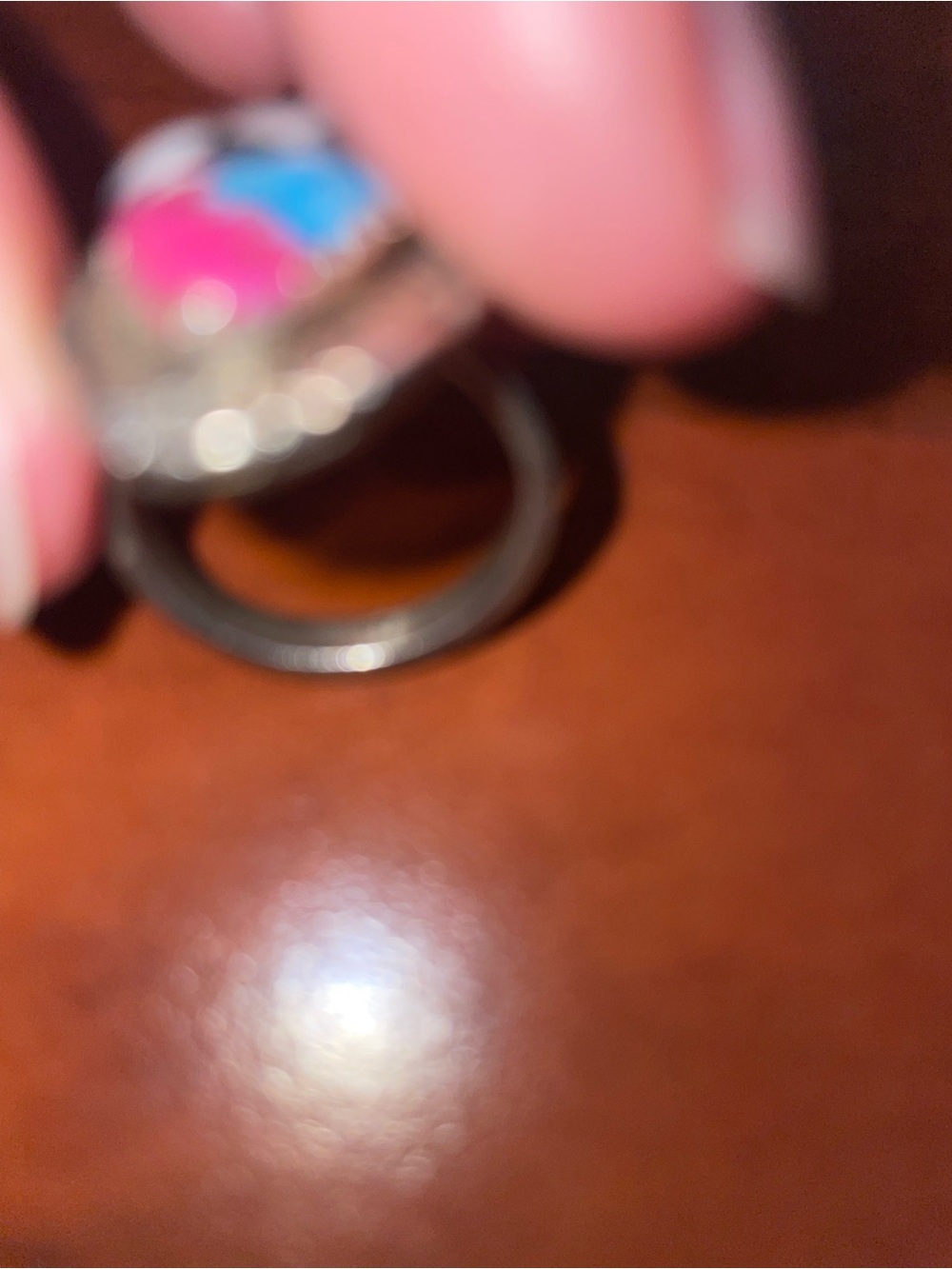 Silver stamped size 5.5 Teardrop Inlay Ring with Pink and Blue Accents - Picture 3 of 3